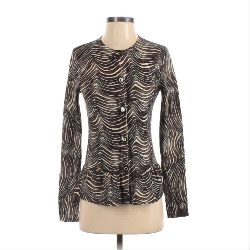 Tory Burch | Womens Brown Sweater Zebra Print Merino Wool Ruffle Cardigan Button
